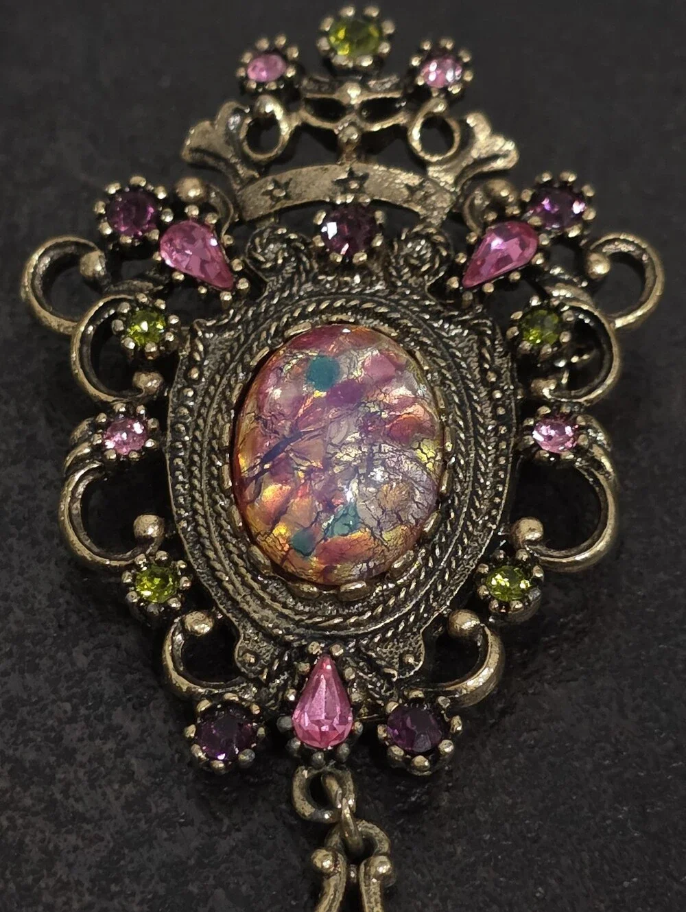 Vintage Sarah Coventry Contessa Brooch Pendant 1970s Faux Opal Rhinestone